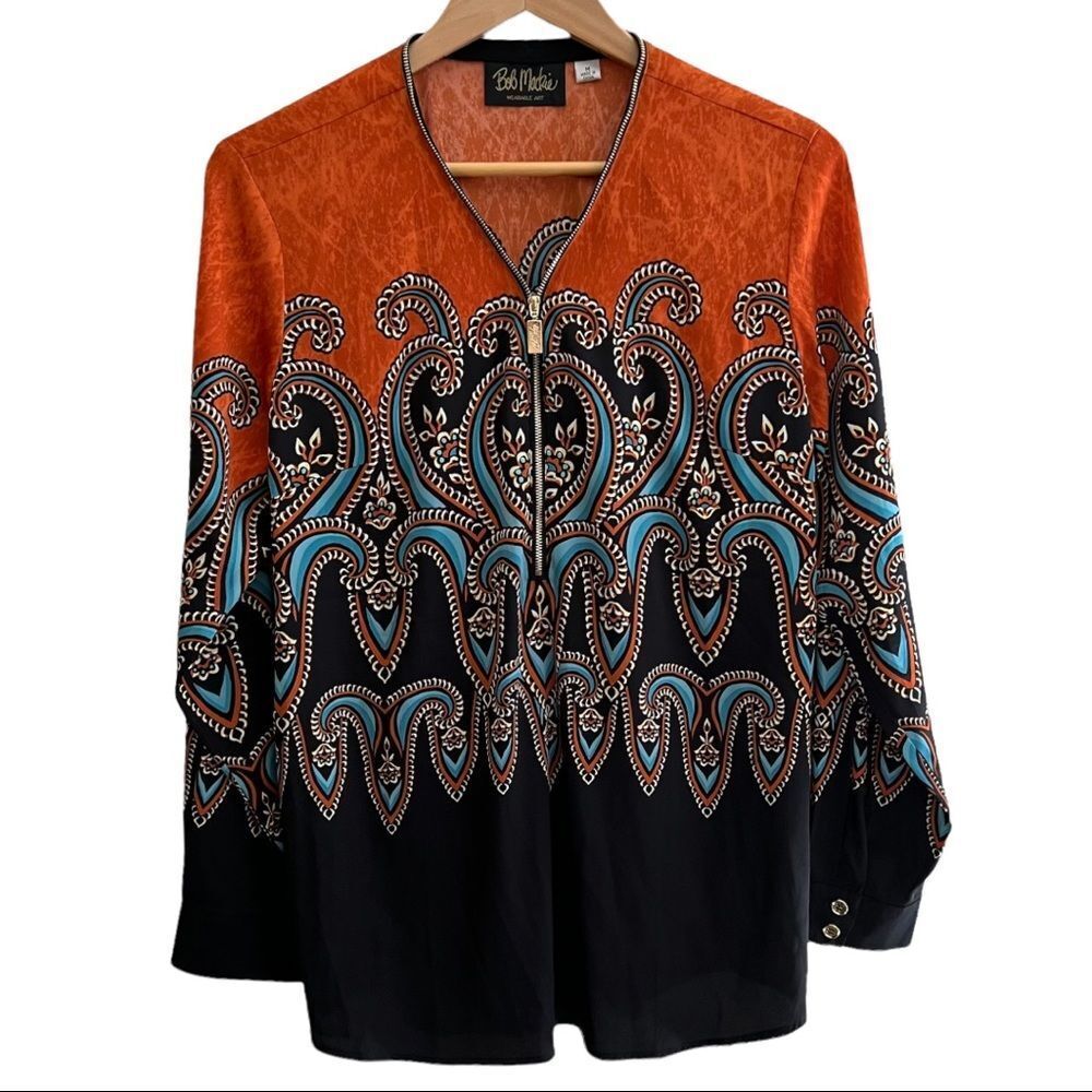 Bob Mackie Paisley Blk Orange Zipper Shirt Tunic Sz Medium “Wearable Art”